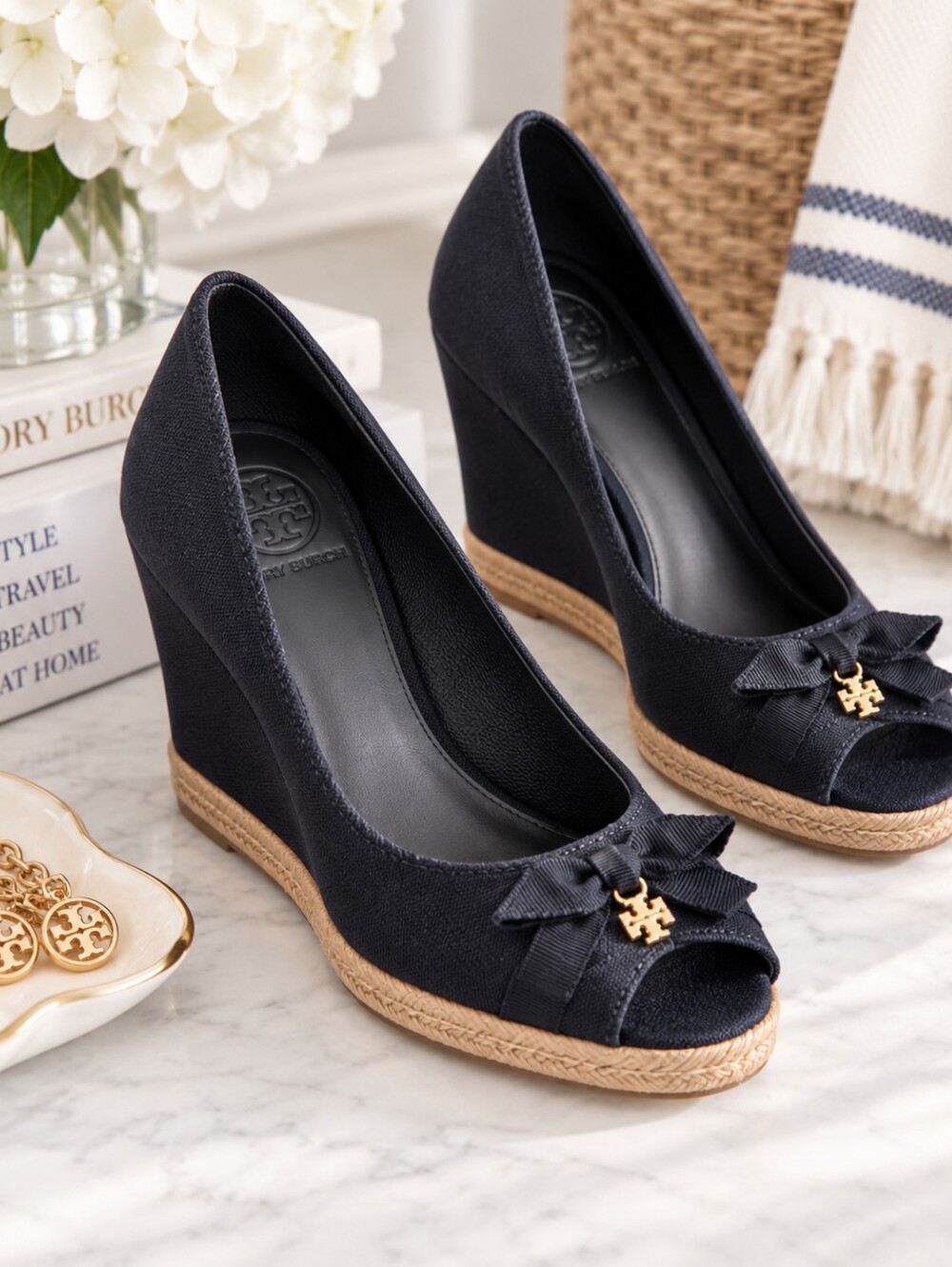 Tory Burch Navy Blue Peeptoe Wedges with Bow and Gold Logo Size 11